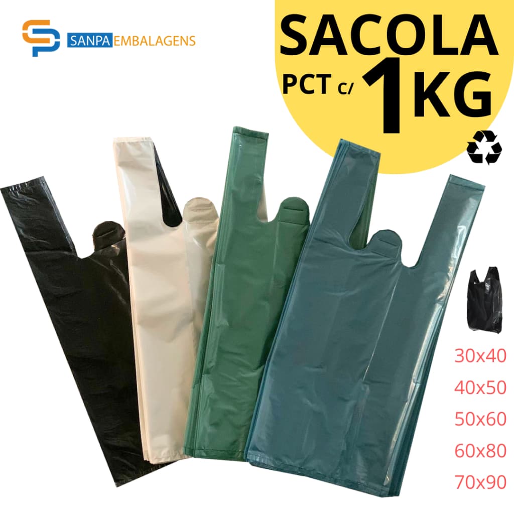 Sacolas Plástica Alça Camiseta PCT 1kg para Adega, Mercado, Lojas - Azul, Branco, Preto, Verde