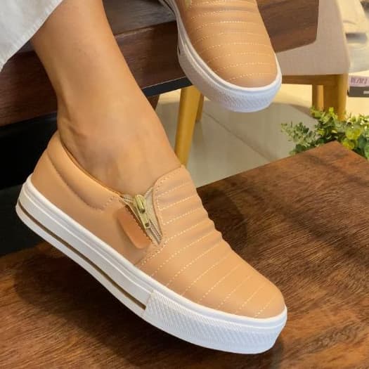 Tênis Feminino Calce Fácil Slip On Sapatilha Com Ziper Macia Leve