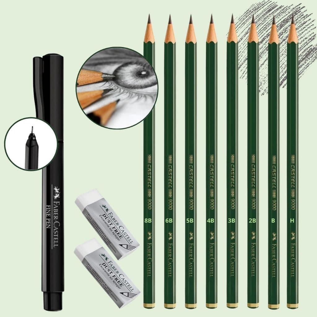 Kit Lápis para Desenho Profissional 9000 Faber Castell com Borracha Dust Free e Caneta Fine Pen