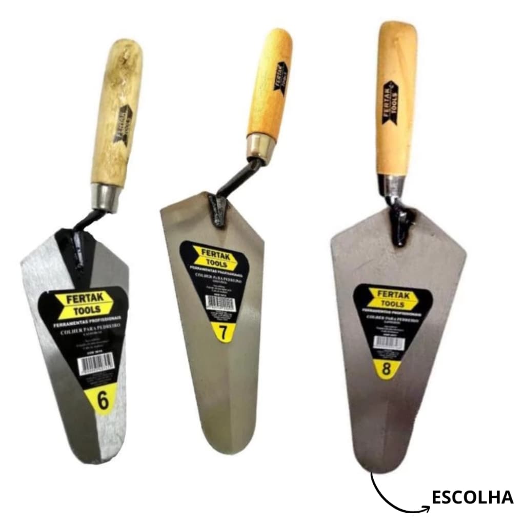 COLHER DE PEDREIRO 6" 7" 8" CANTO RETO CABO MADEIRA PARA OBRA  CONSTRUÇÃO FERTAK   ESCOLHA: