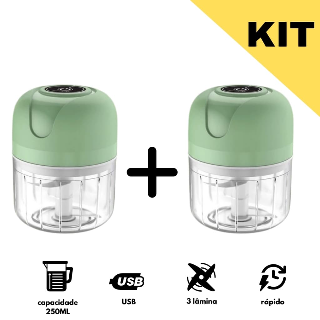 KIT 2 Mini Processador Elétrico Moedor Carne Vegetais Alho Fruta Amendoim Recarregável USB 250ml
