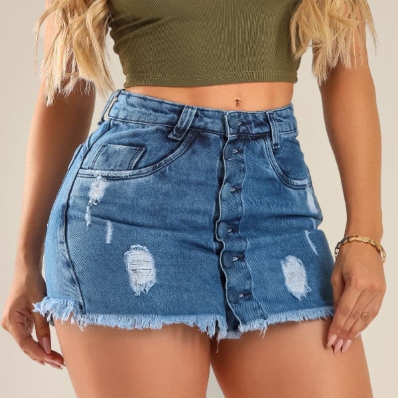 Short Saia Jeans Feminina Cintura Alta Com Laycra Versátil