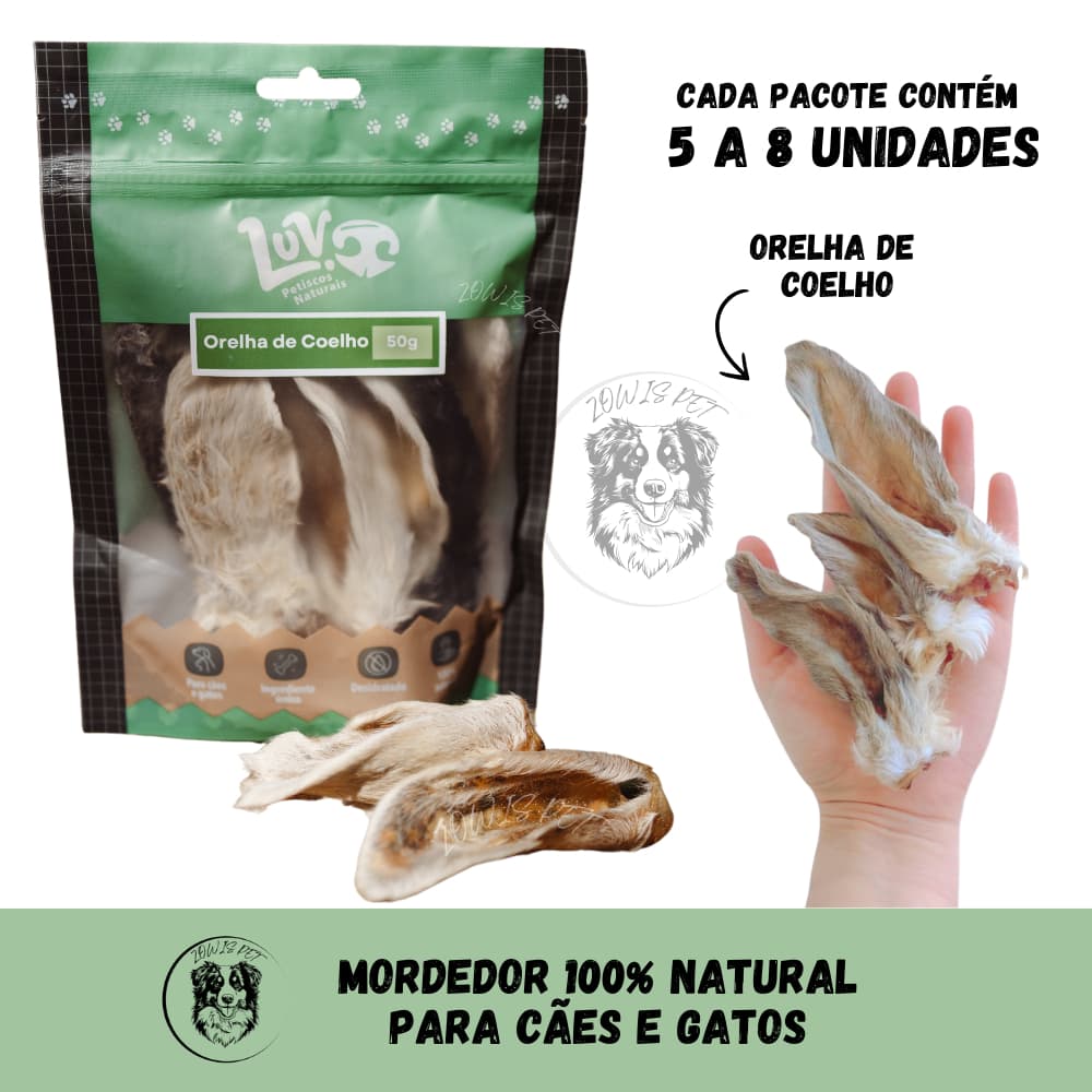 Petisco Orelha de Coelho 50gr Desidratada Mordedor 100% Natural Para Cães e Gatos - Luv