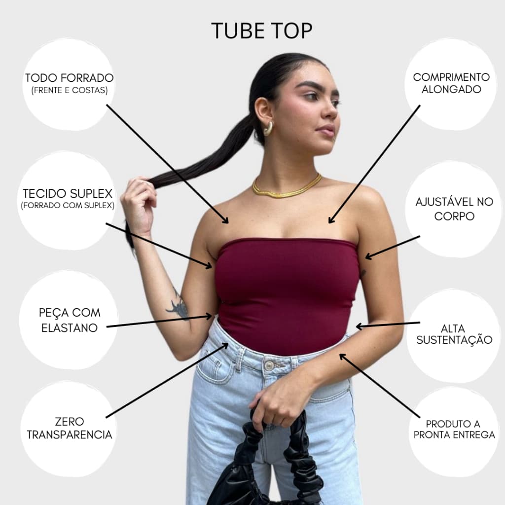Tube Top Cropped Feminino Suplex Tomara Que Caia, Top Faixa Comprido, Todo Forrado Sem Transparência