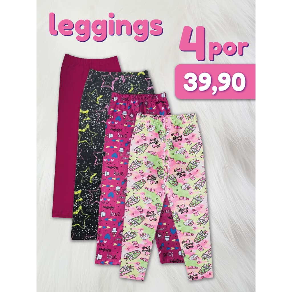 4 Calças Legging Infantil De Suplex Com Elastano Kit Com 4 Peças Estampadas Sortidas - Promoção Relâmpago 4 Por R$ 39