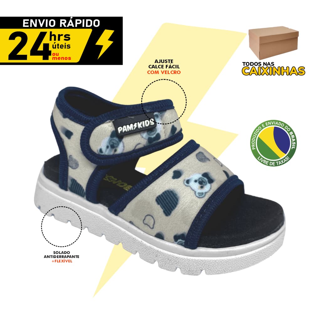 Sandália para meninos Papete Infantil estampa de ursinhos muito leve calce fácil fechamento velcro