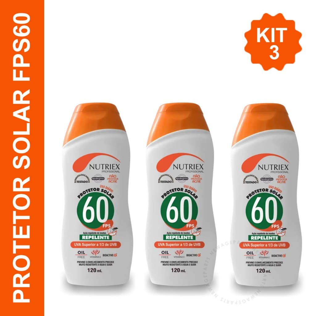 Kit 3 Protetor Solar FPS 60 Profissional Nutriex 120ml Com Repelente