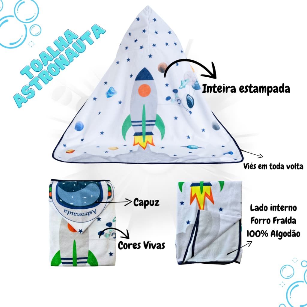 Toalha de banho Astronauta Foguete capuz bebê infantil dupla camada fralda 100% algodão 75 x 95 cm