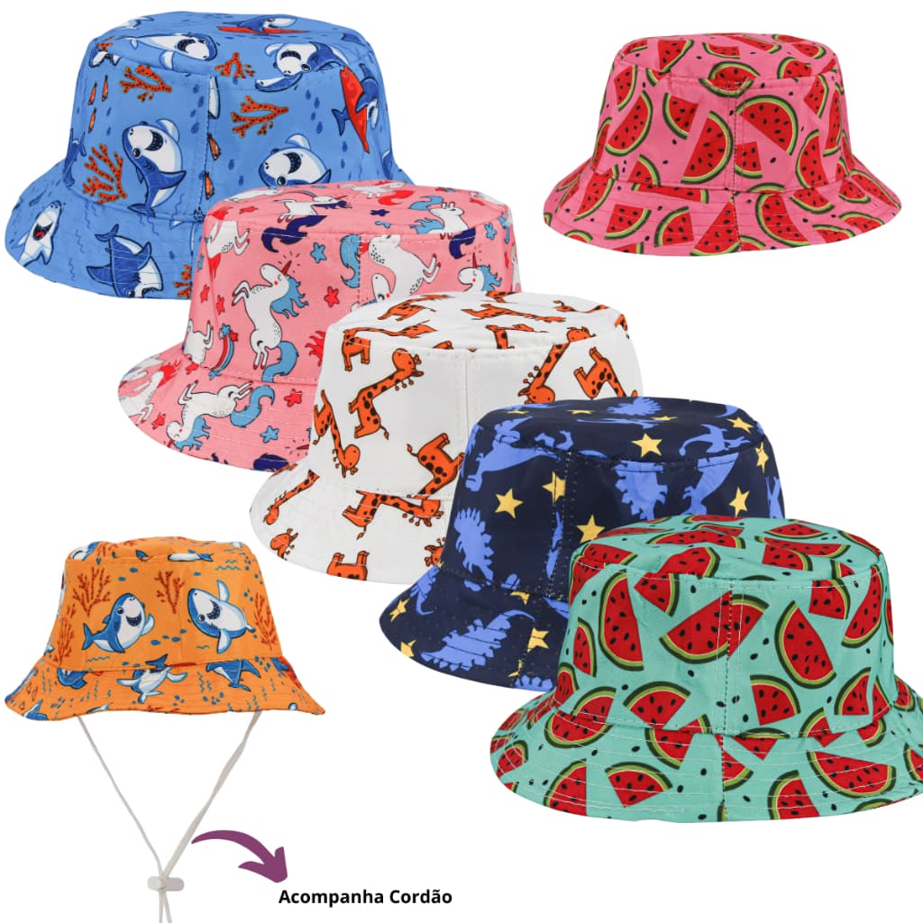 Chapéu Bucket Bebê Infantil Praia Proteção Solar Uv Dino Tubarão Unicornio
