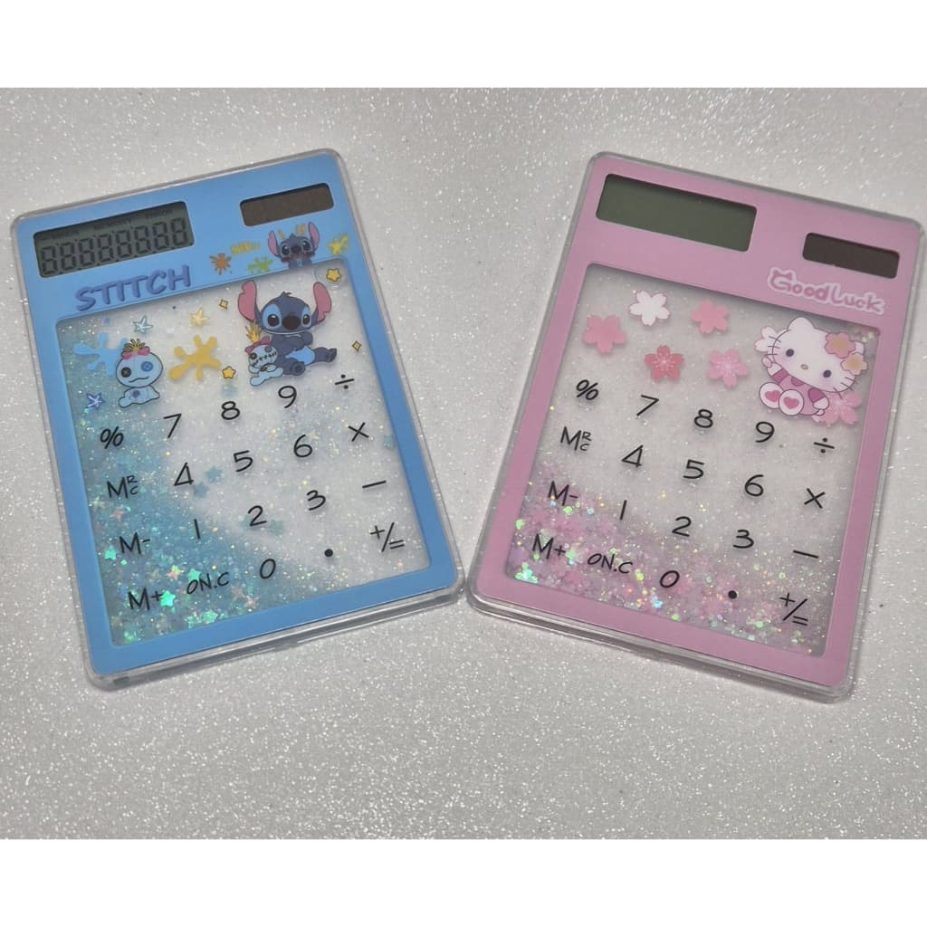 Calculadora Solar Glitter e Água Touch Fofa - Stitch, Hello Kitty ou Gatinho