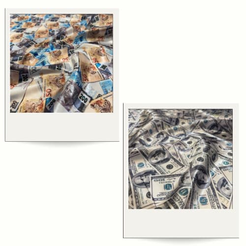 Tecido Cetim Estampado Dólar e Real Digital - 1,40m Decorações de Festas e Fantasias