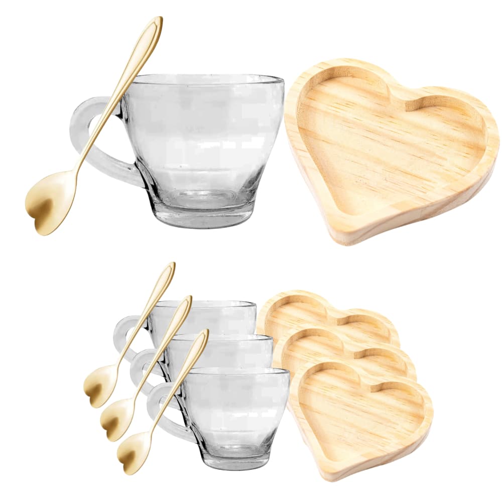 Kit Pires Coração + Xícaras Cafezinho + Colherzinha Dourada Rosê 12pç no Total