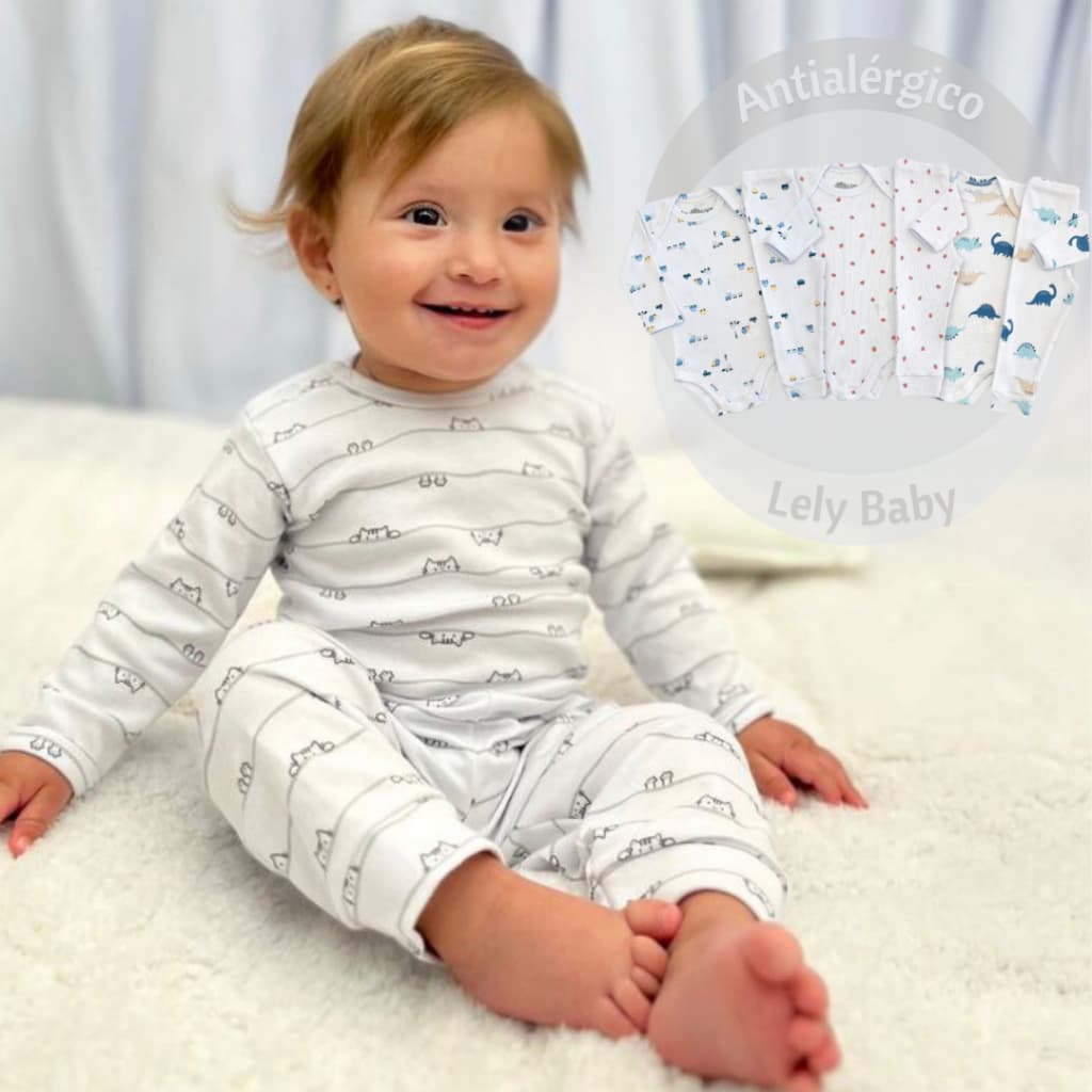 Kit 6 Peças Bebê Pagão Canelado Longo 100% Algodão 3 Body + 3 Calças Estampas Sortido