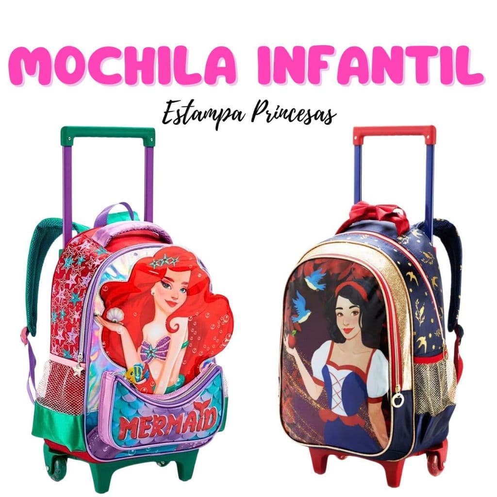 Mochila Escolar Infantil de Rodinhas Menina Bolsa Resistente Impermeável Princesas 3D