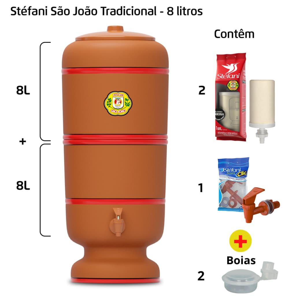 Filtro de Barro para Água São João Tradicional 8 Litros 2 Velas + 2 Boias - Cerâmica Stéfani