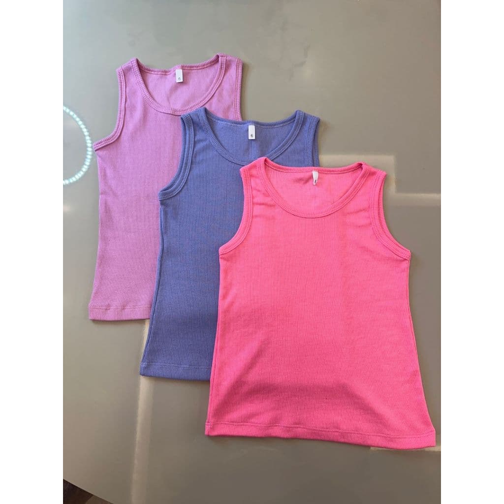 Kit 3 Regata Infantil Blusa Malha de Ribana Confortável Meninas Verão Cores Sortidas