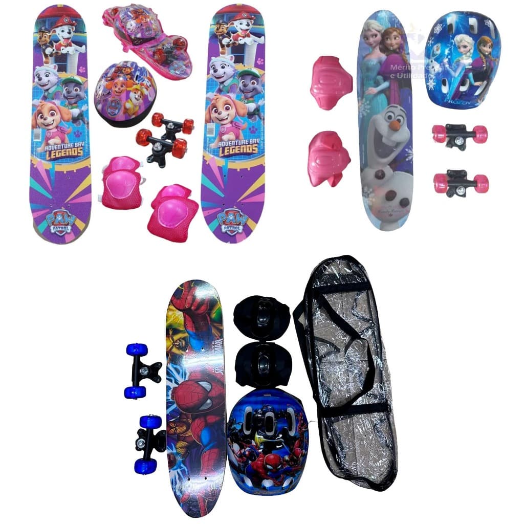 Skate Infantil Radical Antiderrapante Vários Personagens luz Com Kit Segurança Meninos e Menina 60CM