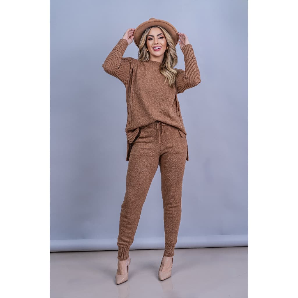 Conjunto Tricot Mousse Blusa Mullet Calça com Punho Moda Feminina Inverno