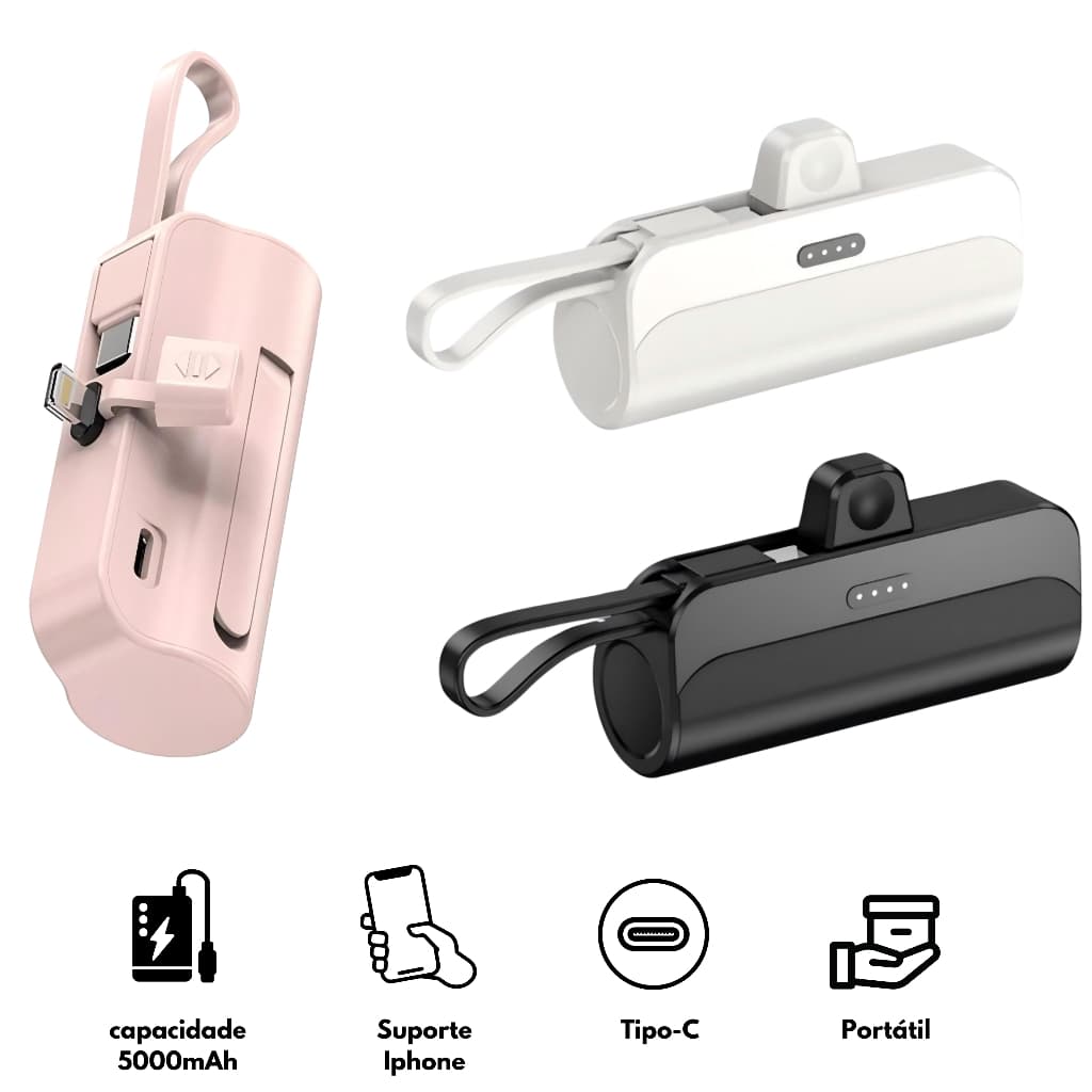 Carregador Mini Power Bank 5000mAh Bateria Auxiliar Sem Fio 2em1 para iPhone e Tipo-C