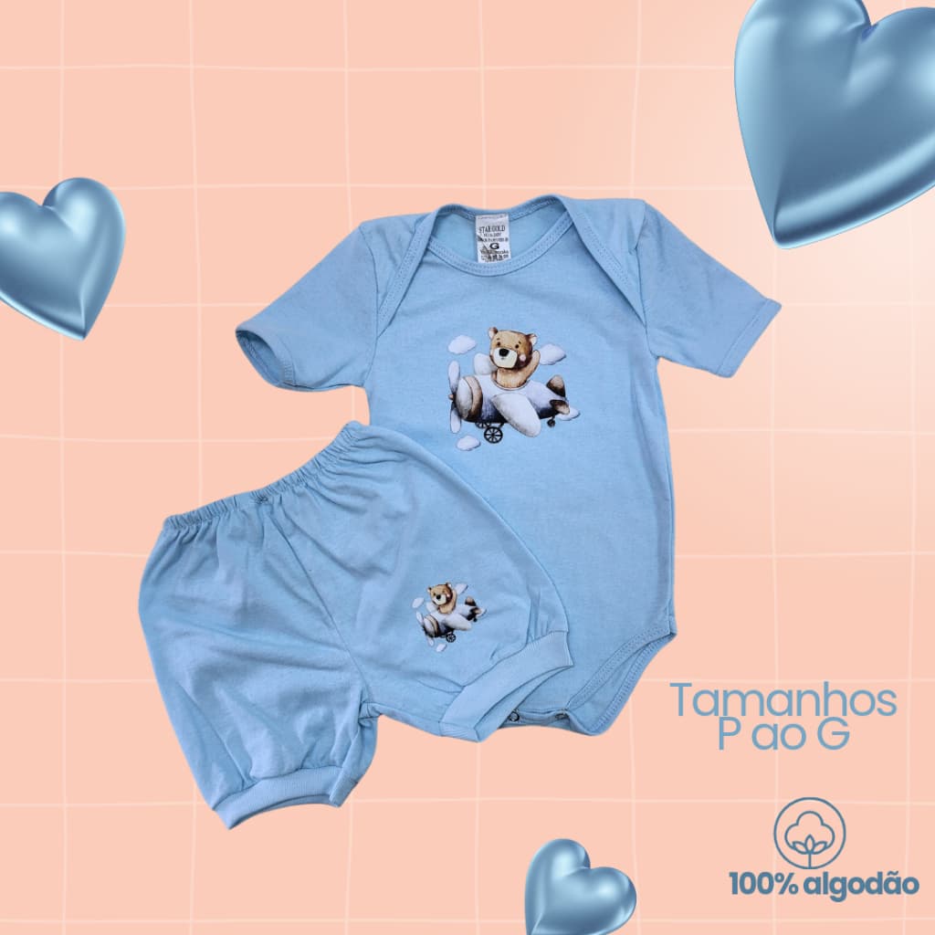 Body Bodyzinho de Bebê Kit com Body + Shorts Tecido 100% Algodão Confortável