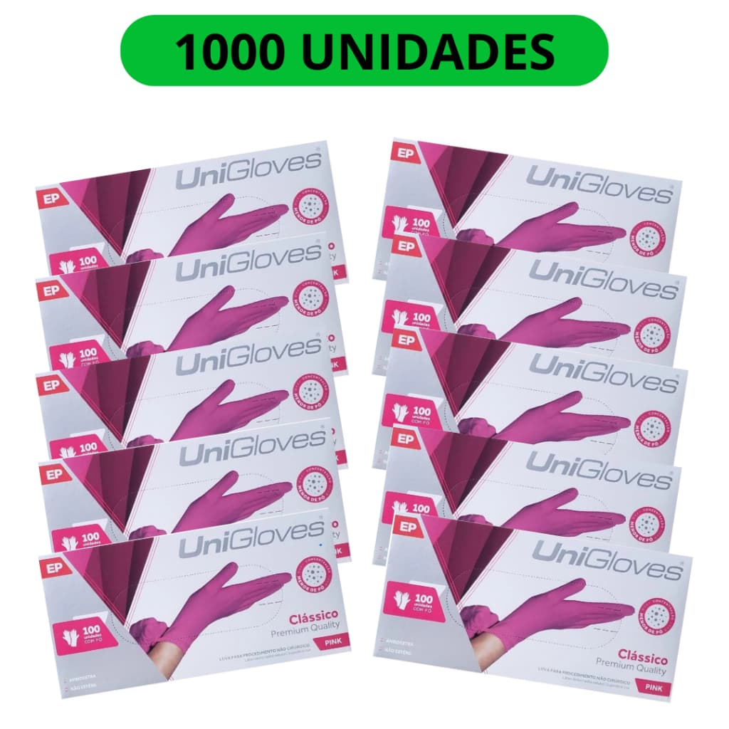 Kit 10 Luvas Descartáveis Látex Rosa Pink Com Po C/1000 Unigloves