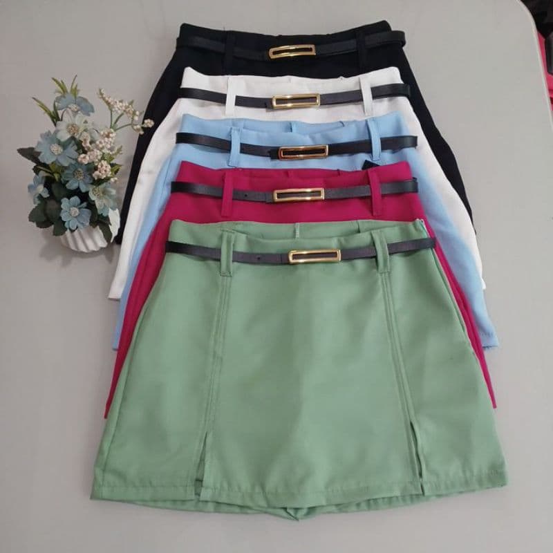 Short Saia Alfaiataria Feminina Com Zíper e Cinto