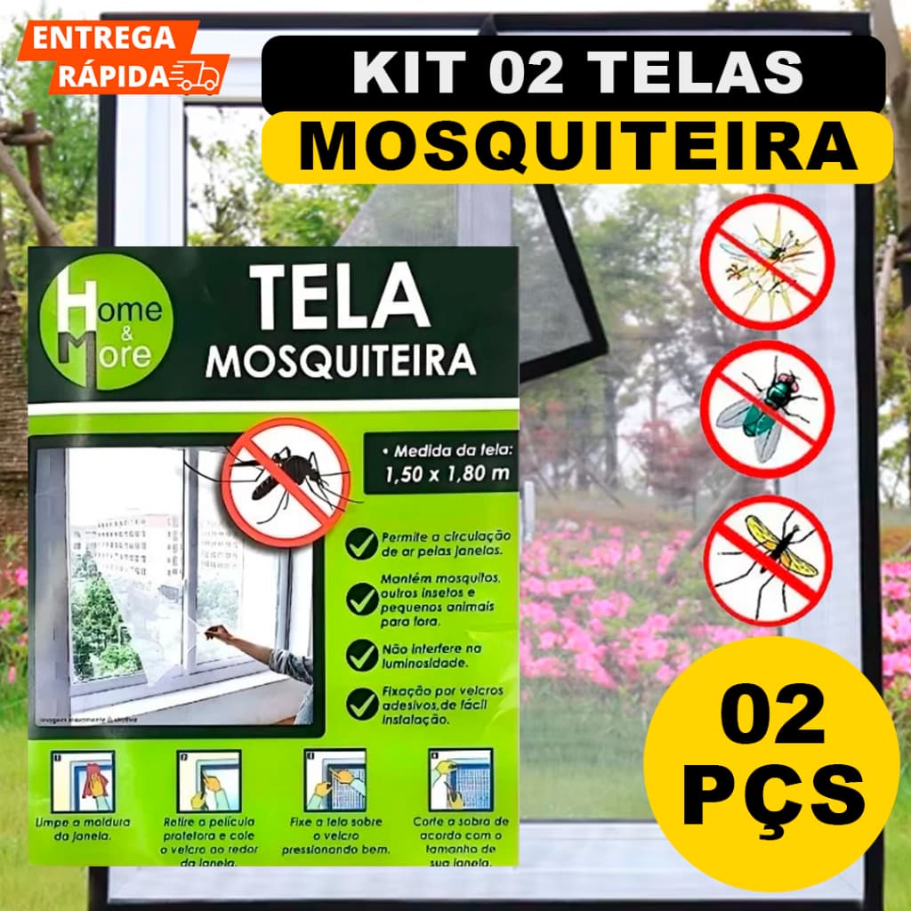 Kit 2 Telas Mosquiteira Anti Mosquito E insetos Para Janelas Com Alto Colante Removível 1,50Mx1,80M Para Casa