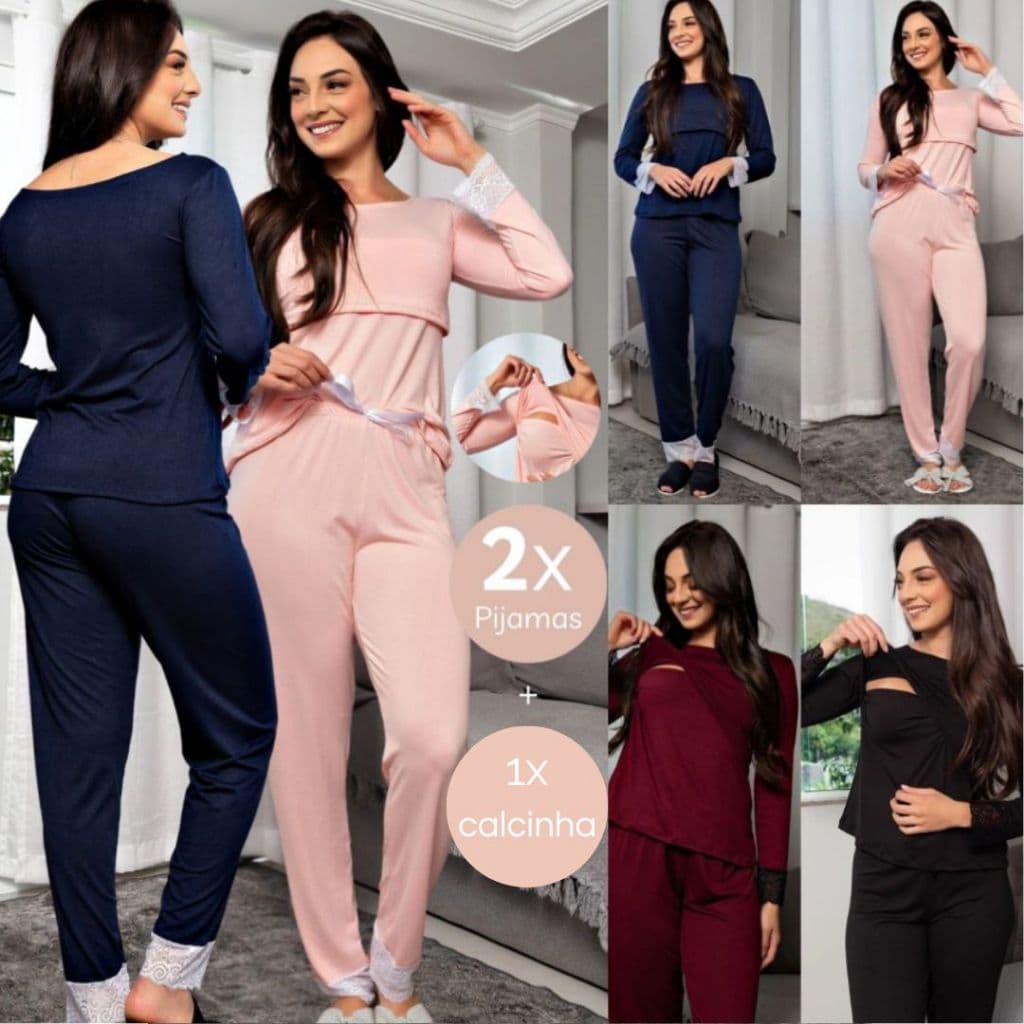 Kit 2 Pijamas De Amamentação Para Gestantes Pós Parto