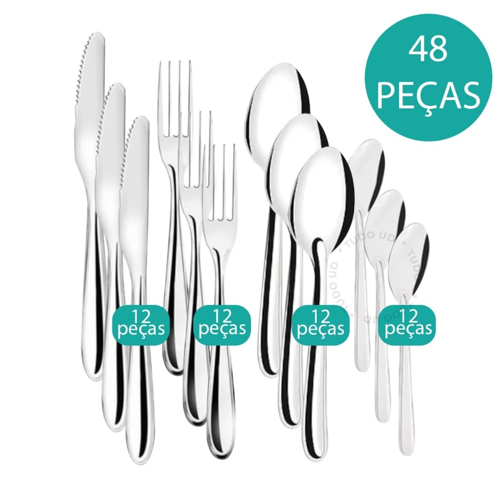 Jogo de Talheres 18/24/36/48 Peças Aço Inox Facas, Garfos de Mesa, Colheres, Colheres de Sobremesa