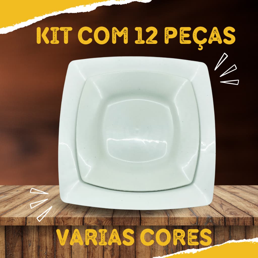 Kit 12 Pratos Quadrados - 6 Pratos para Refeição + 6 Pratos para Sobremesa Varias cores
