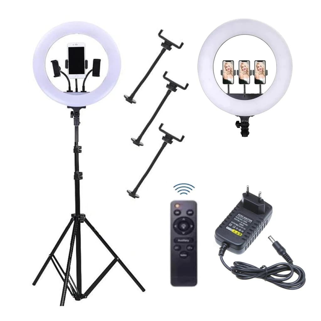 Ring Light Iluminador 14 Polegadas Tres Suporte Celular Fonte Com Tripe De 2.10 Metro 48w