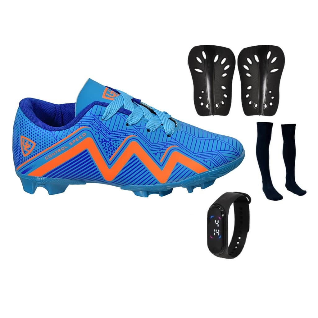 Chuteira Campo Infantil 1000 Grama Trava Futebol Novo + Meião Caneleira Relógio