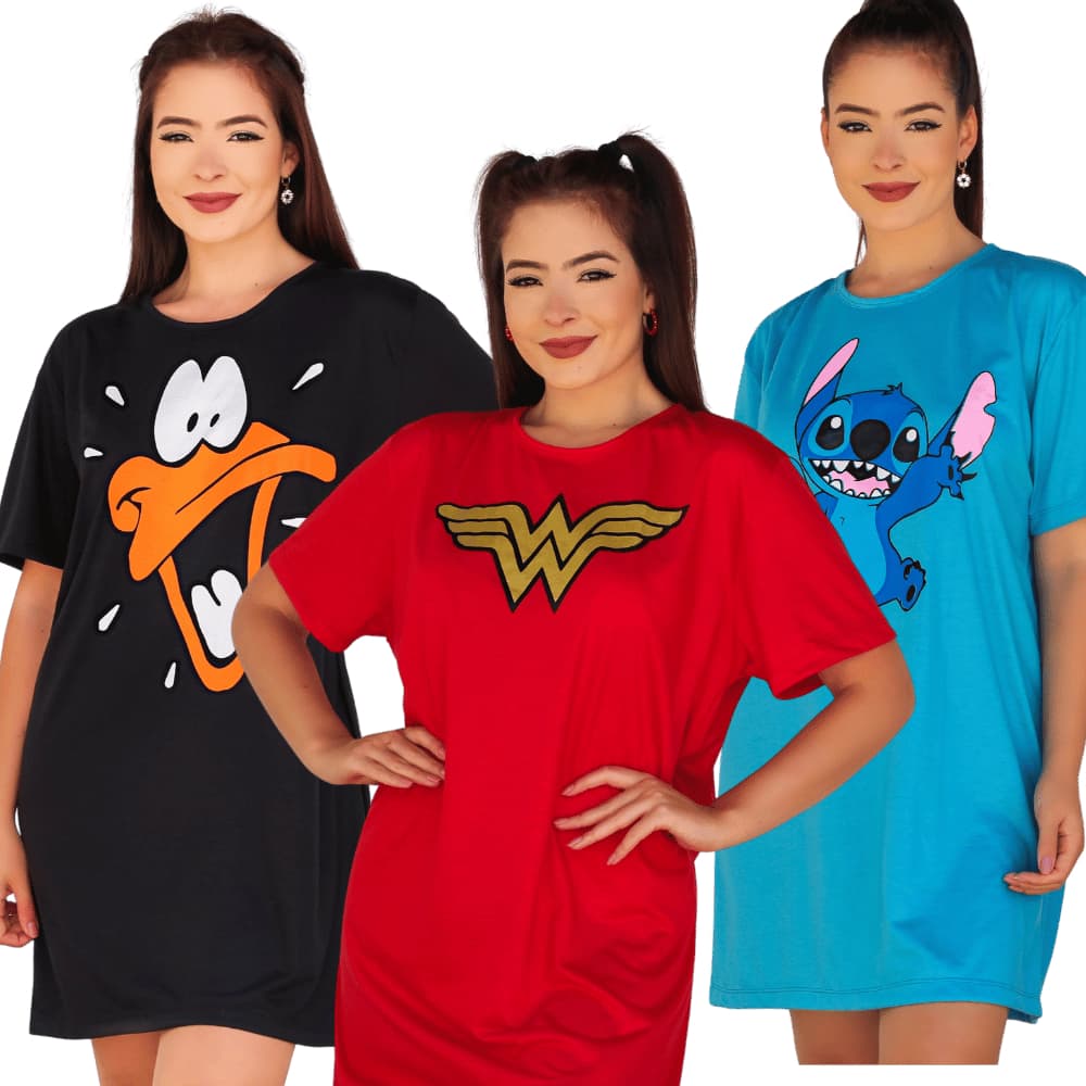 Camisola Plus Size Estampada Divertida/ Camisão Dormir Mulher Maravilha Lilo Patolino Snoopy