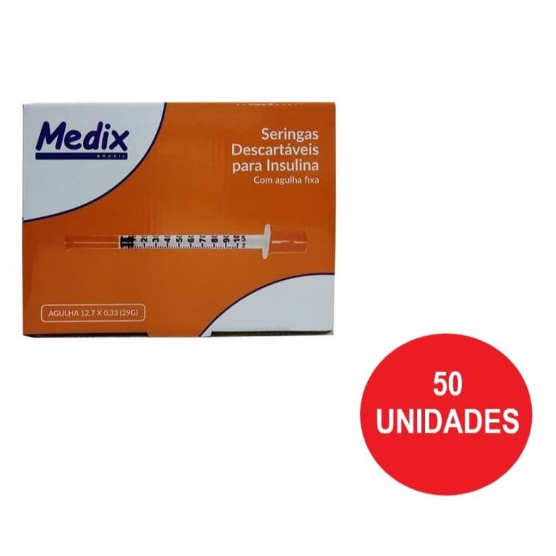 Seringa Descartável Para Insulina 12.7 x 0.33 29 G 1 mL 100 UI Com 50 Unidades Medix