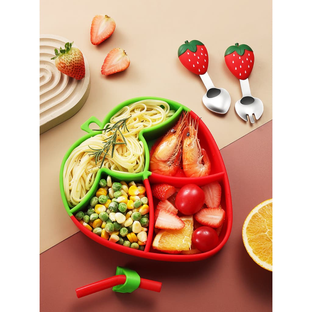 Kit Colher e Garfo Ou Kit 5 peças de Silicone Divisória Com Ventosa Para Bebê e Crianças Alta Qualidade Morango Cenoura