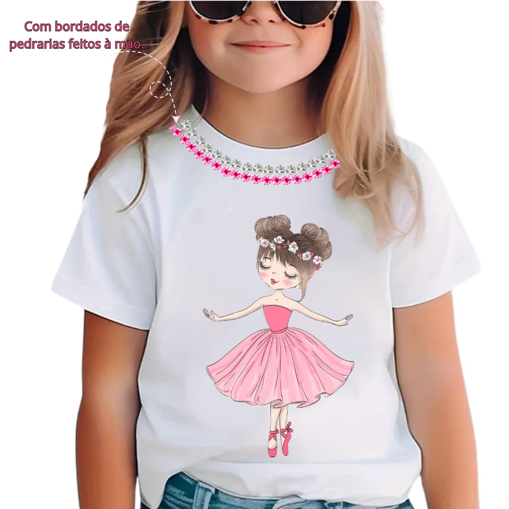 CAMISETA CAMISA BALLET BALÉ BAILARINAS COM 2 CAMADAS DE PEDRARIA BORDADAS OU SEM INFANTIL E JUVENIL
