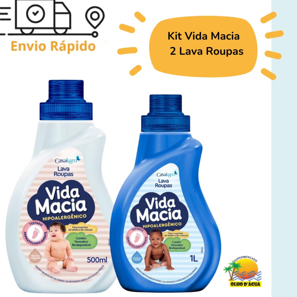Kit Vida Macia Contém:1 Lava Roupas 500ml Glicerina e Algodão + 1 Lava Roupas 1L Glicerina e Lavanda