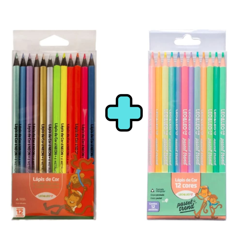 Lápis de Cor 12 Cores Pastel Trend+ Lapis De Cor Especial 12 Cores Neon/Metalicos-Kit 2 Caixinhas
