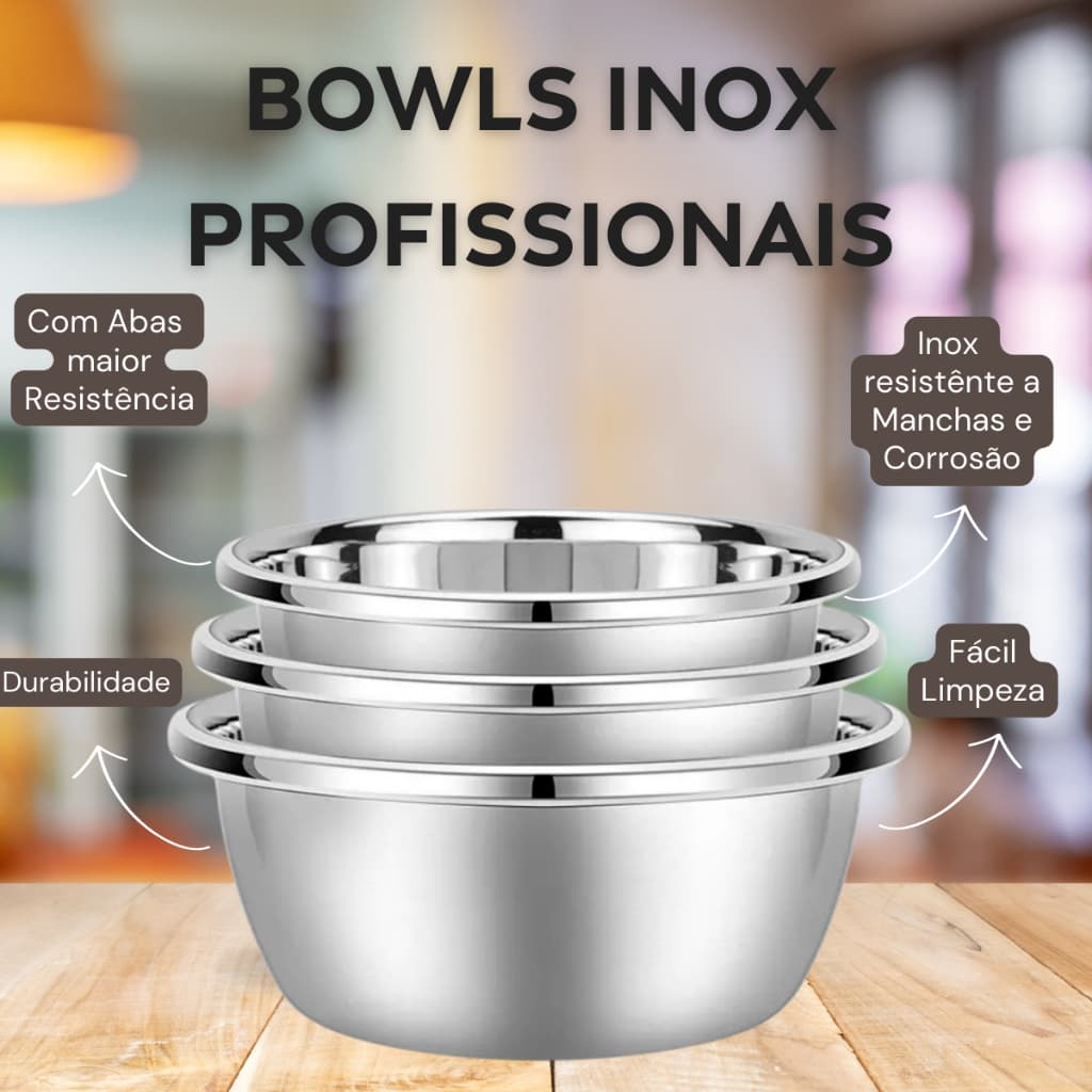 Bowl Inox Tigela Profissional Fundo Grosso Bacia Saladeira Tigela 18, 20, 22, 24, 26cm, 28,30,32, 34