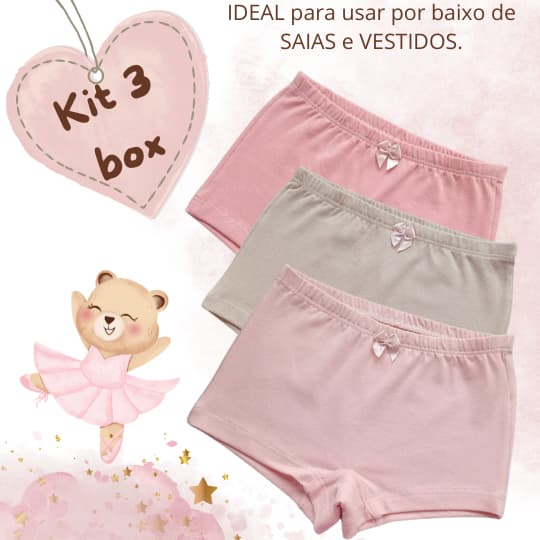 Kit 3 Calcinha Infantil Box Boxer Shorts Shortinho Cores Neutras Cottom Premium Algodão Tapa Fralda
