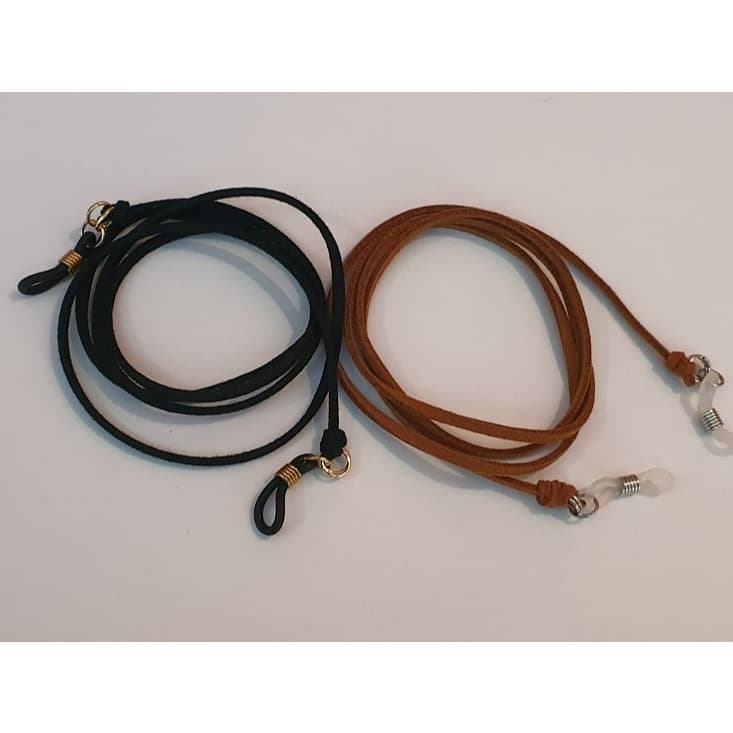 Kit 2 cordões colar salva óculos segura prende descanso UNISSEX 60 cm preto e caramelo couro camurça PU.
