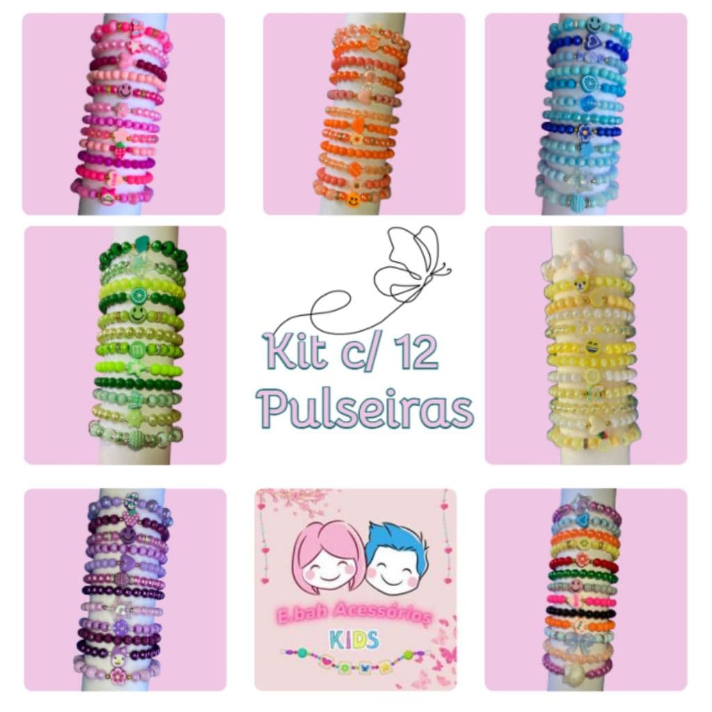 Kit com 12 Pulseiras de Miçanga Pérolas Infantil Criança Menina Bijuteria