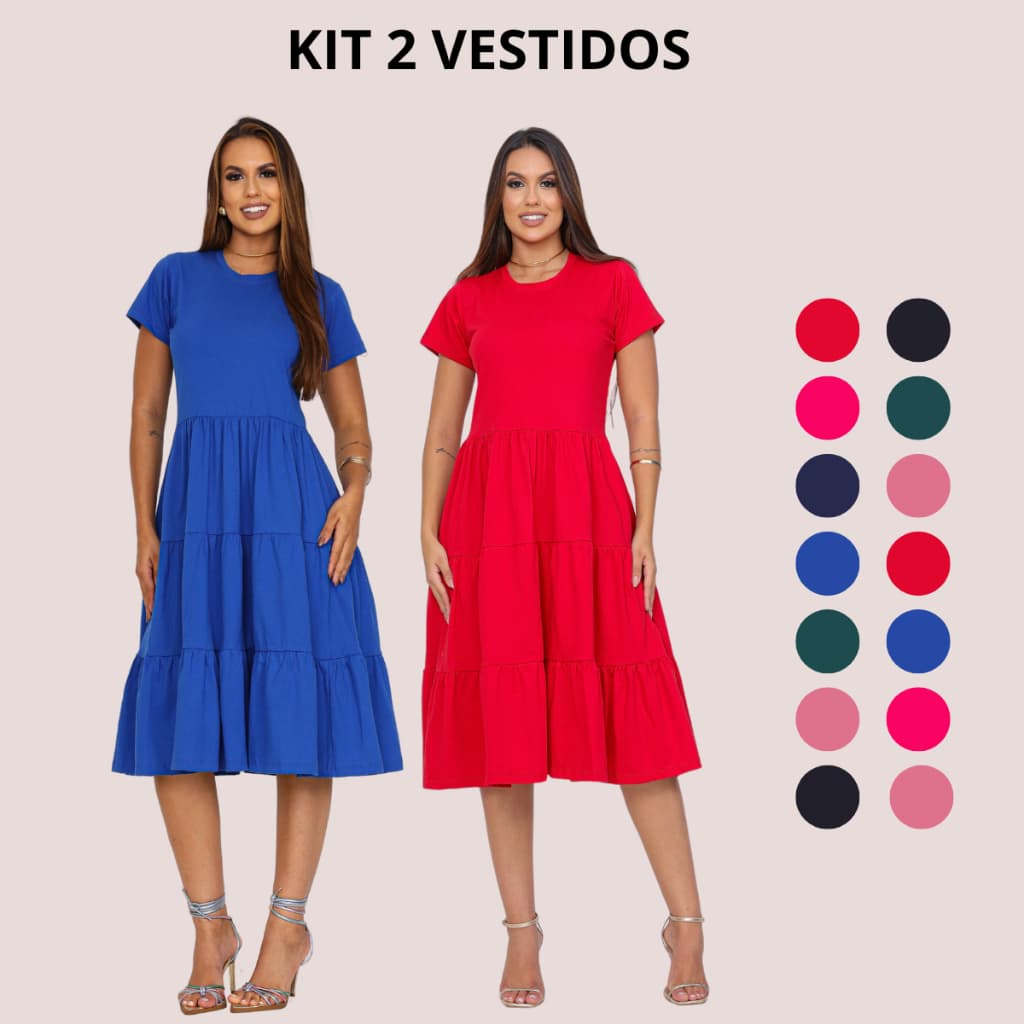 Kit 2 Vestidos Três Marias Rodado Algodão Luxo Com Manga Confortável Elegante Gestante
