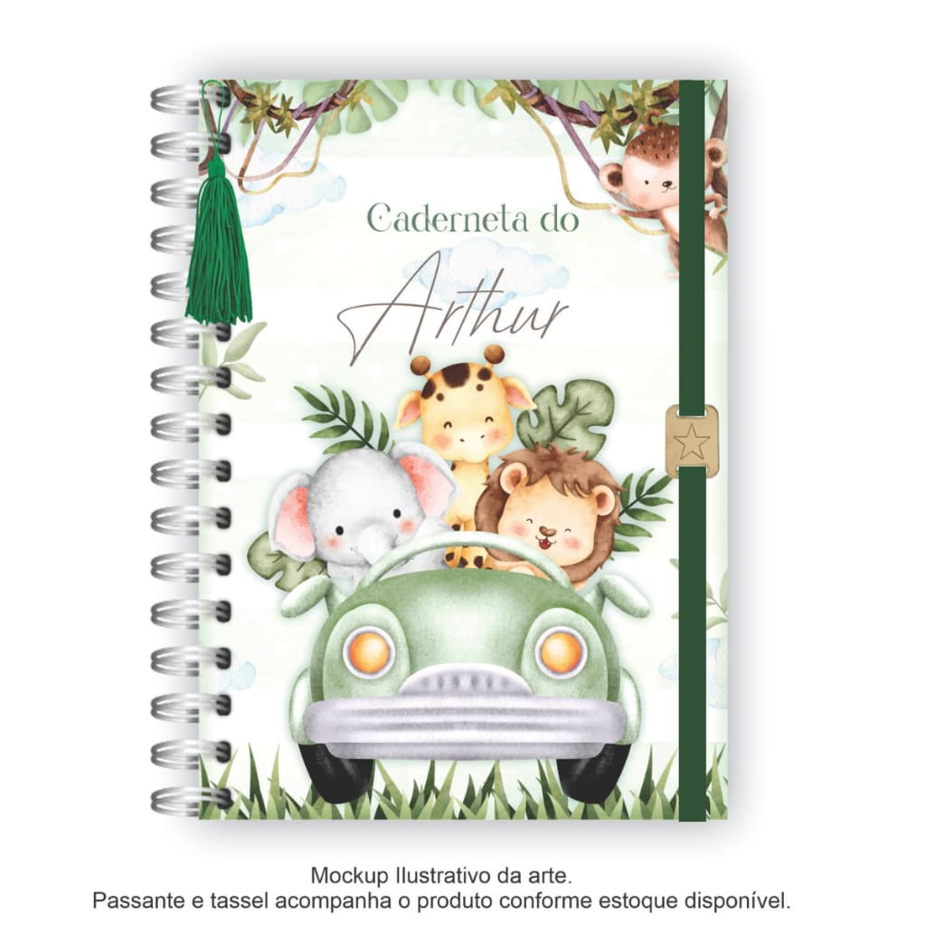 Caderneta de saúde vacinação capa dura personalizada com nome tema Safari no carro atualizada