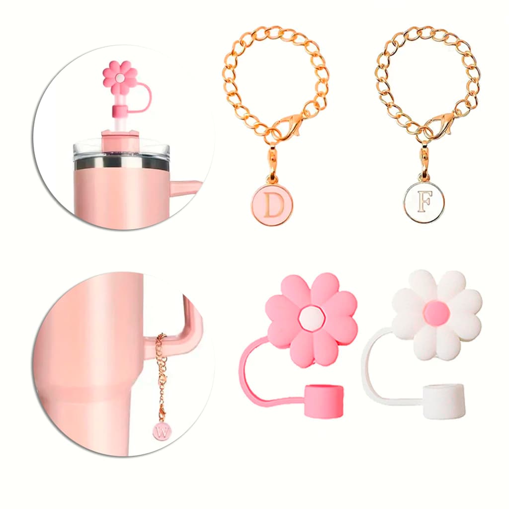 Kit Tampa Capa para Canudo de Copo Térmico ou Garrafa  com Acessórios Pingente de Letra Inicial