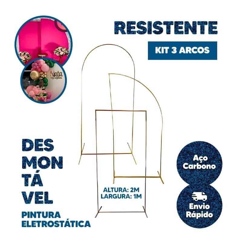 Kit 3 Arcos para Decoração Romano Meia Lua Retangular Desmontavel Pintura Eletrostatica 2 x 1