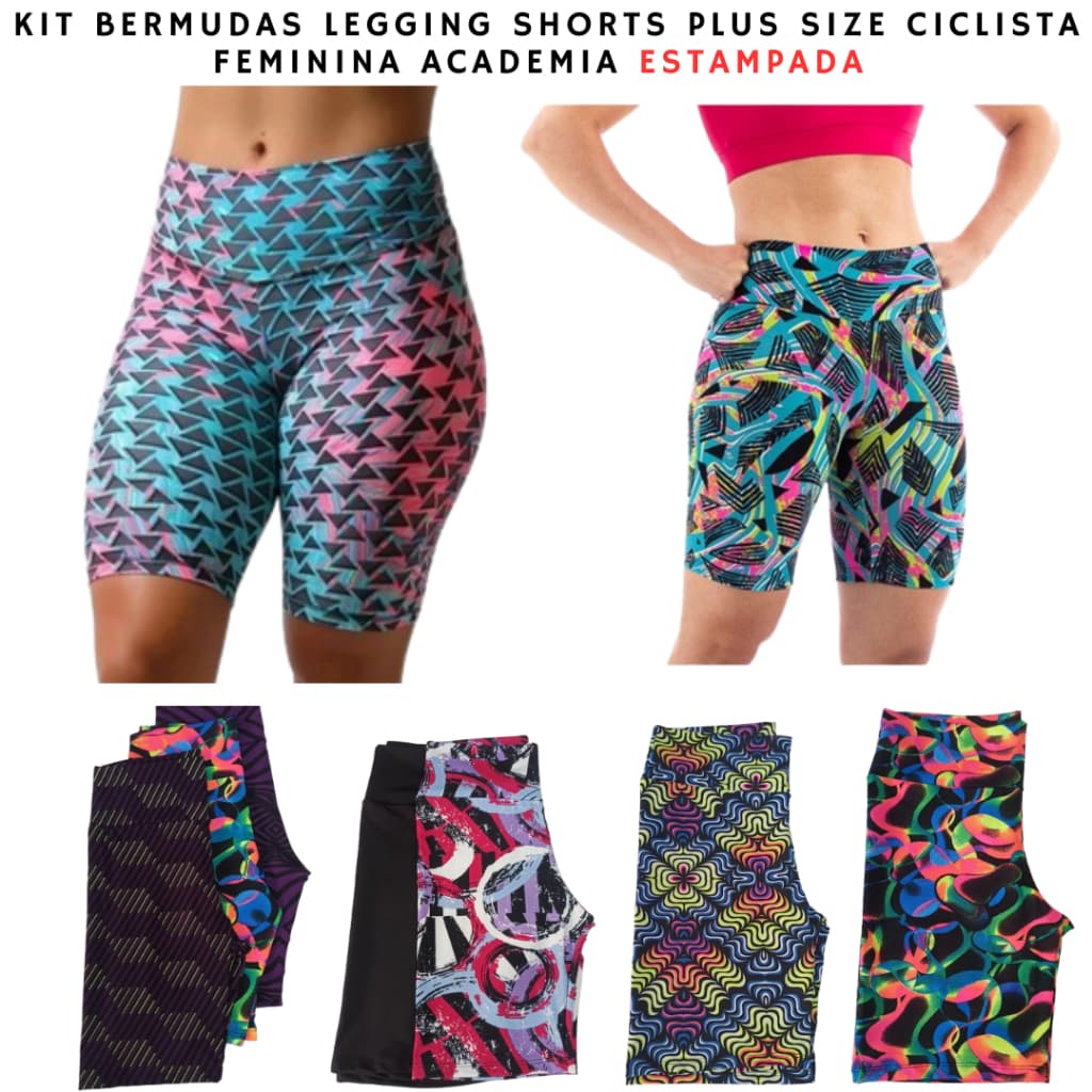 Kit 2 ou 3 Bermudas Shorts Legging Plus Size Ciclista Feminina Academia Fitness Estampada M ao G3