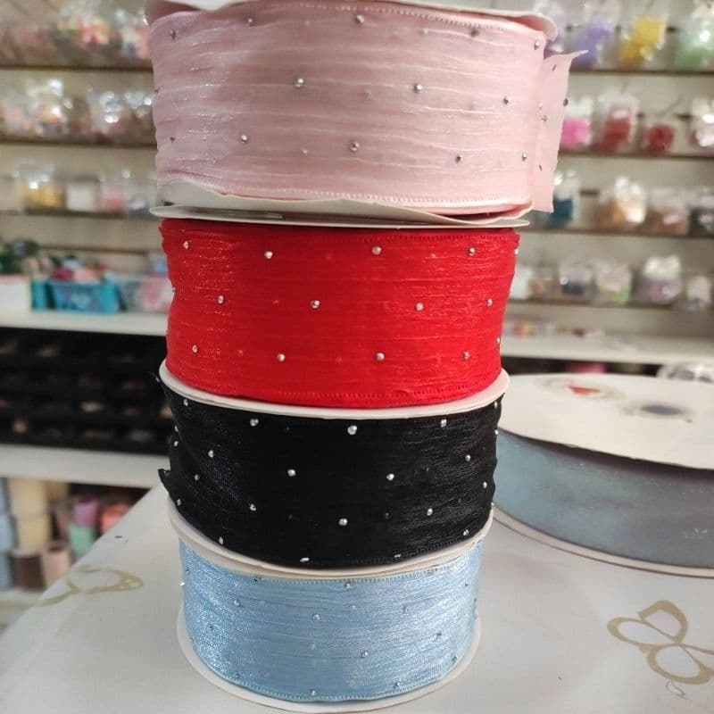 Fita Organza com strass 38mm