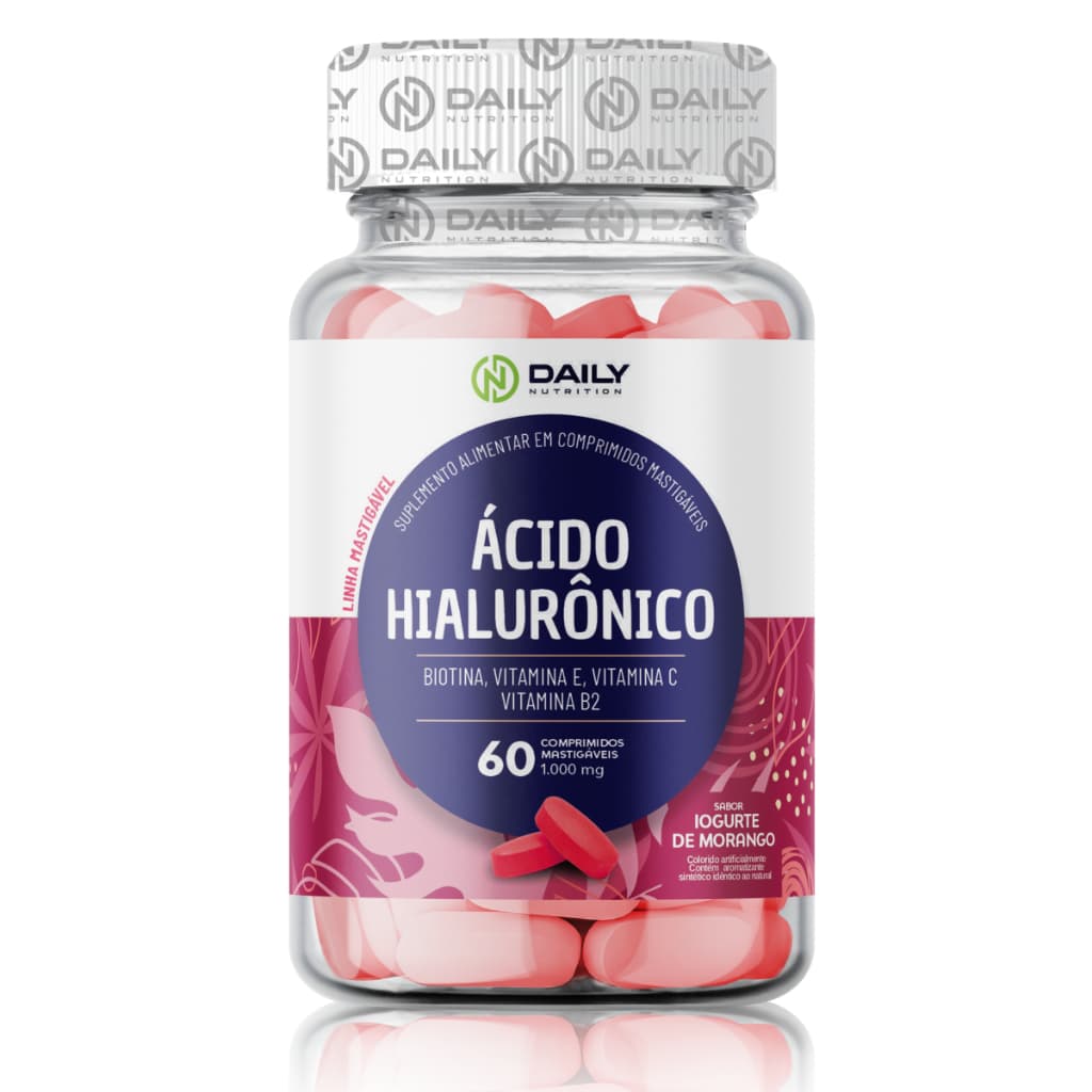 Ácido Hialurônico Mastigável Biotina Vitamina E C B2 para cabelos e pele Sabor Iogurte de Morango
