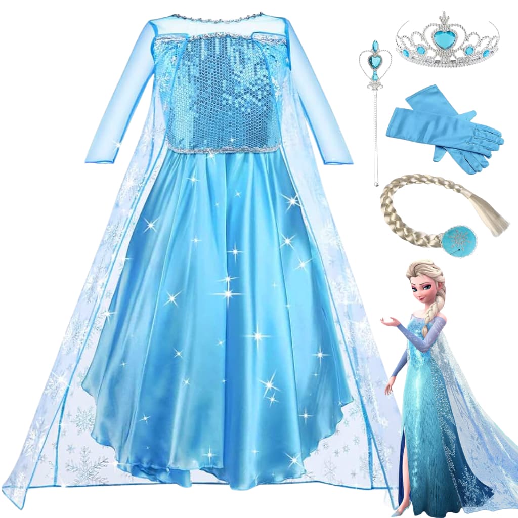 Fantasia Vestido Infantil Elsa Frozen Com Capa E Acessórios Festa Hallowen Crianças